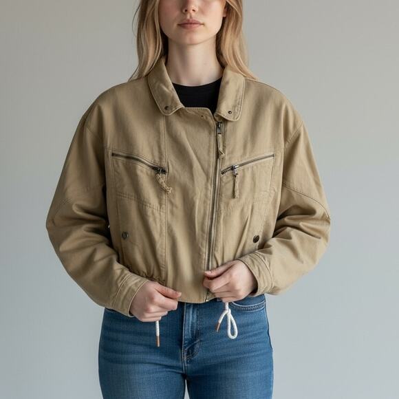 Pilcro Tidal Moto Utility Jacket Women's Sz S Beige Distressed Crop Boxy Neutral - Picture 1 of 7